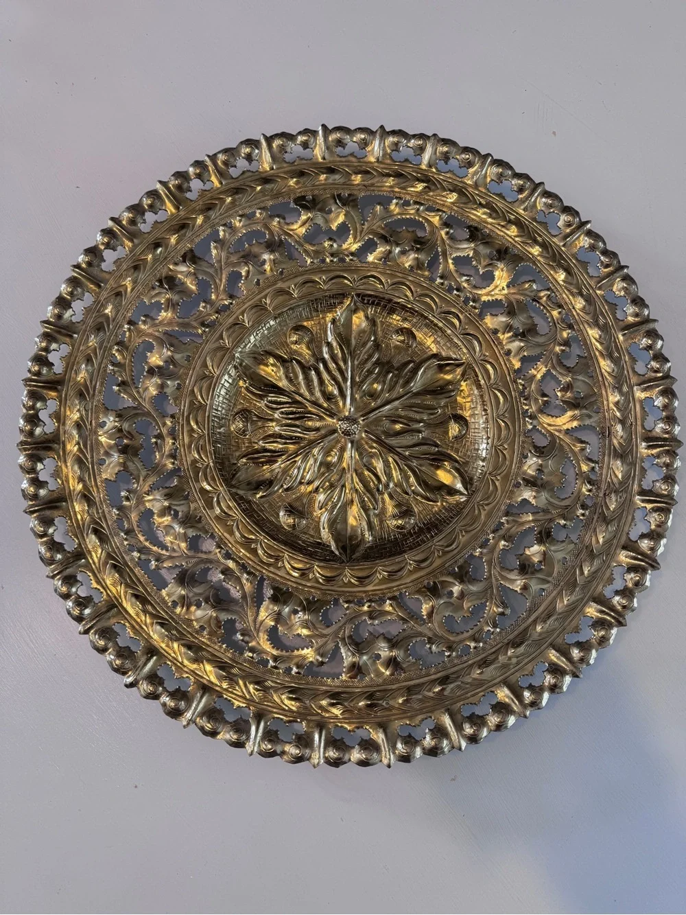 Vintage Italian Brass Wall Hanging Charger – Hand-Carved Metal Art